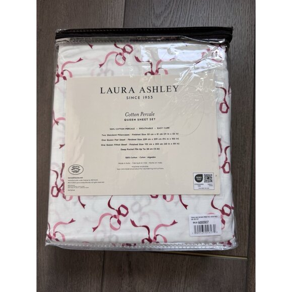 NWT Laura Ashley QUEEN Sheet Set TRAILING BOWS STRIPED HEM Red White Cotton - Picture 5 of 7